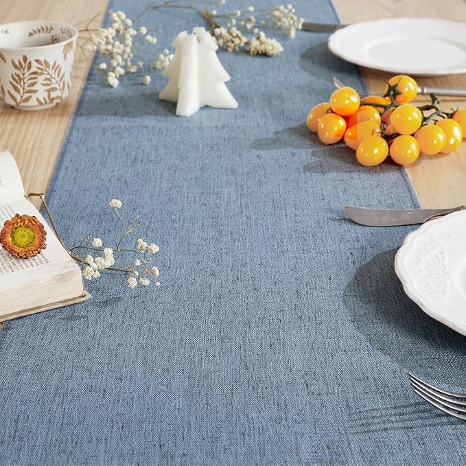 Cotton Linen Table Runner, 13x60 Inch, Dusty Blue with Hand Tassels | Linen Style Rustic Farmhouse Table Runners 60 Inches Long for Home Dresser Kitchen Dining Table Decor, Machine Wash