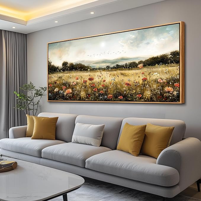 KELIYUAN Large Canvas Wall Art For Kitchen Dining Room Vintage Decor, Lawn Paintings With Flowers Wall Decorations Prints Home Office Living Room Bedroom Restaurant Home Decor 32"X72" Wooden Frame