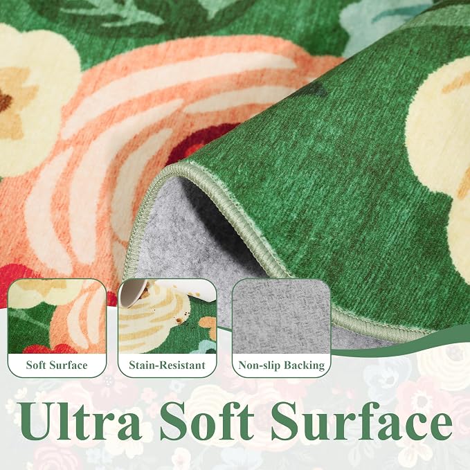 DUKINO 2x8 Washable Runner Rug, Floral Non Slip Kitchen Rugs, Dark Green | Low Pile, Soft Throw Rug Runner for Hallway, Entryway, Bedroom, Bathroom, Pet Friendly, Stain Resistant, Home Decor