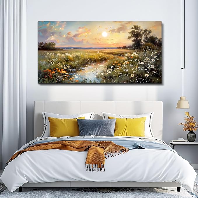 hyidecorart Canvas Wall Art For Living Room Wall Decor For Bedroom Office Decorations Vintage Farmhouse Wildflower Wall Paintings Nature Landscape Picture Artwork Aesthetic Home Decor Ready To Hang