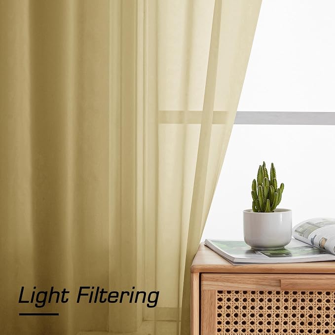 Simplebrand Gold Sheer Curtains 63 Inch Length 2 Panels, Rod Pocket Solid Color Window Sheer Curtain Panels, Elegant Curtains & Drapes for Living Room, Bedroom 2 Panels (Gold, 42" W x 63" L)