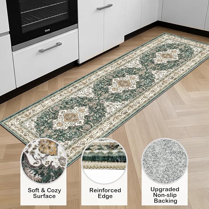 AooHHooA Boho Washable 2x6 Runner Rugs Green Non Slip Low Pile Vintage Runner Rug, Stain Resistant Soft Faux Wool Runners for Hallway Laundry Entryway Bedroom