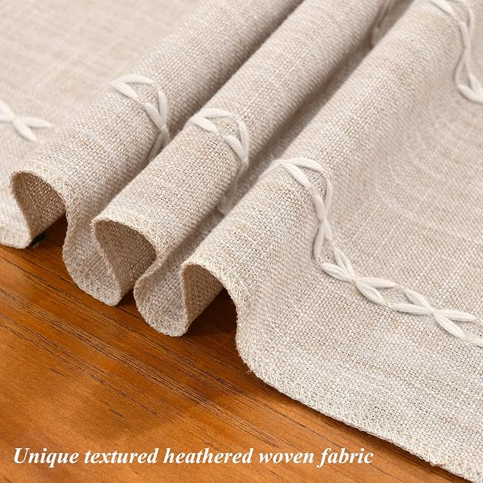Wracra Rustic Linen Table Runner, Light Coffee Table Runners 48 inches Long | Raised Embroidered Design and Hand-Tassels;Cotton Linen Woven Fabric; Farmhouse Table Runner;Home Kitchen Dining Decor