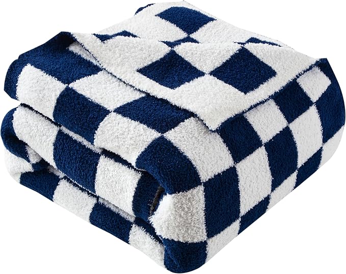 Elegant Comfort Premium Checkered Reversible Throw Blanket - Ultra Soft and Lightweight, Luxury Knitted Breathable Fleece for Couch, Bed, Sofa - Warm Velvet Fluffy Throw, 50 x 70 Inch, Navy Blue