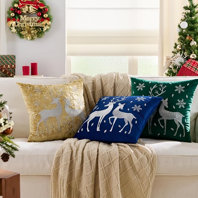 KINDREX Christmas Deer Snowflake Throw Pillow Covers 18x18 Set of 2 Winter Holiday Decorative Navy Blue Embroidered Luxurious Soft Velvet Accent Pillowcase for Sofa Couch Bed Living Room Home Decor
