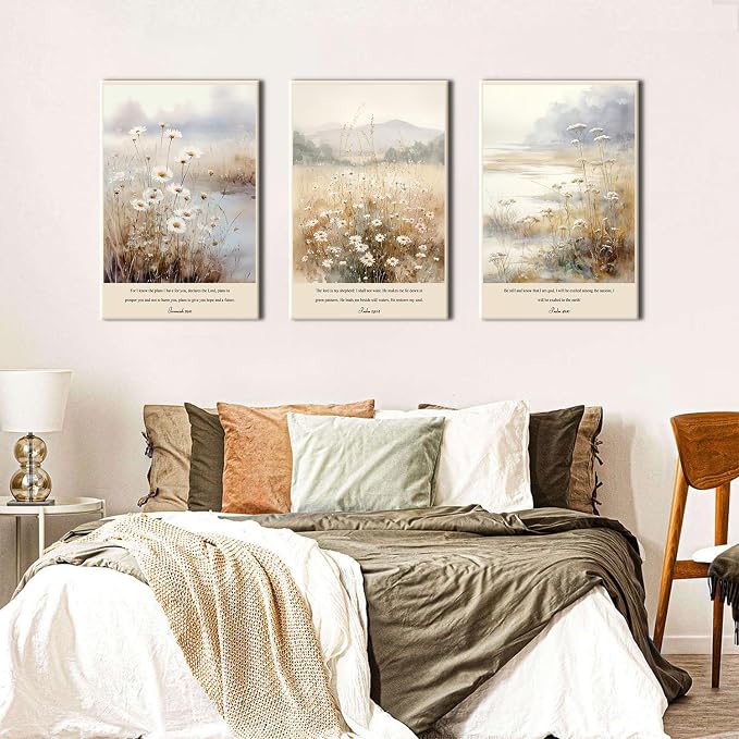 Bible Verse Wall Art Isaiah Religious Faith Art Poster Prints for Living Room Framed Christian Floral Scripture Paintings Wildflower Meadow Bible Verse Posters for Home Decorations 24x36 3Pcs