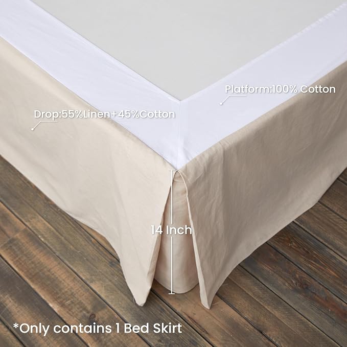 BISELINA French Linen Wrap Around Bed Skirt with Pleated Corner 14-Inch Tailored Drop Natural Flax Cotton Blend Basic Soft Cozy (14" King, Linen)
