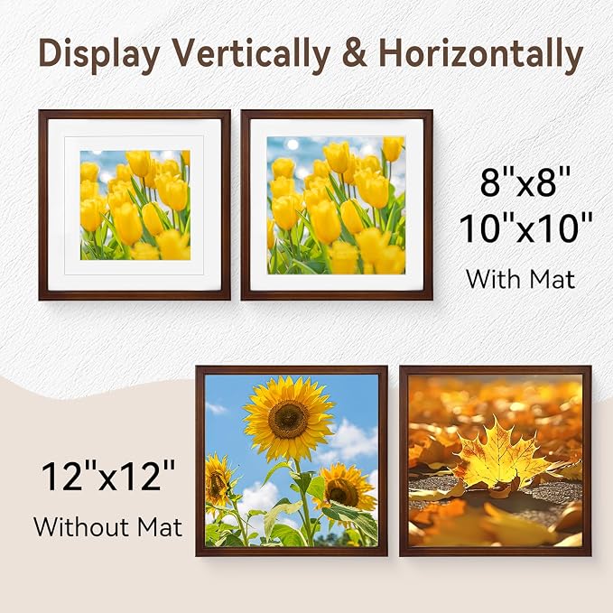 SNAPSHOT 12x12 Picture Frame, Natural Walnut Wood Photo Frame Set with Real HD Glass for Pictures 10x10/8x8 with Mat or 12x12 Without Mat, Gallery Poster Frame for Wall or Tabletop - 2Pcs