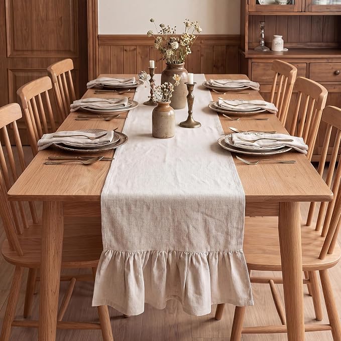 Gilprop Boho Table Runner Linen Farmhouse Table Runners with Ruffle Hem Rustic Burlap Home Party Decoration for Living Room (13 x 108 Inch,Linen Beige)