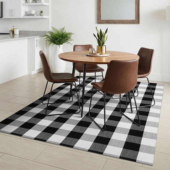KILOCOCO Buffalo Plaid Checkered Rug 4x6 ft Black White Front Door Rug | Machine Washable Front Porch Rug, Outdoor Rugs, Indoor Living Room Rug, Cotton Low Pile Rugs for Kitchen Patio Dining Room