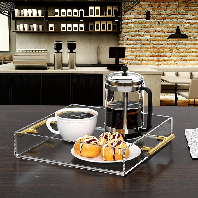 NIUBEE Acrylic Tray 12x12 Inches - Clear Serving Tray Organizer with Handle