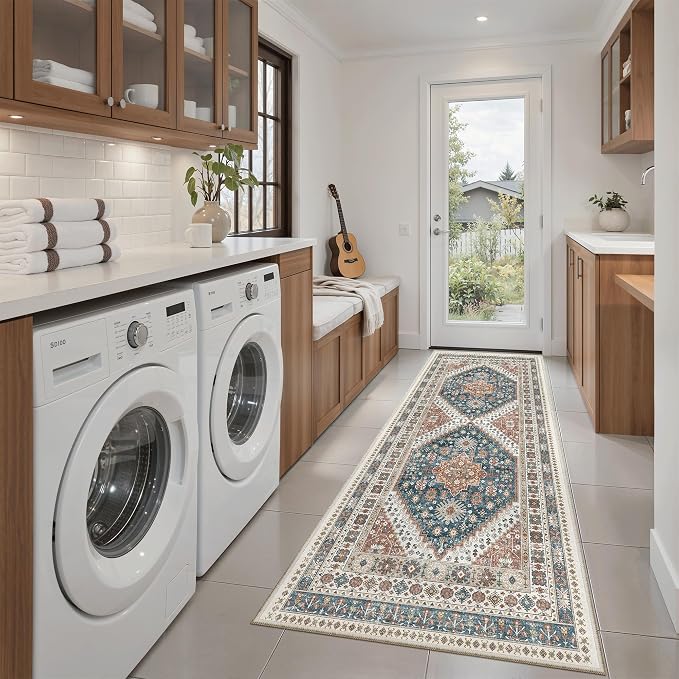 Madane Hallway Runner Rug 2x5 Washable Entry Rugs Non-Slip, Navy Blue | Vintage Printed Low-Pile Kitchen Runners, Soft Low-Pile Stain-Resistant Throw Carpet for Bedroom Entrance Laundry Room 2'x5'