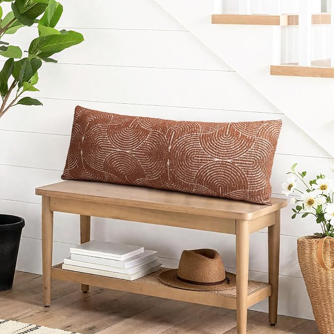AELS Boho Decorative Textured Lumbar Throw Pillow Covers 14x36, Organic Modern Mid Century Rainbow Tufted Long Pillow Case, Farmhouse Geometric Woven Cushion Case for Bed Couch Sofa, Burnt Orange