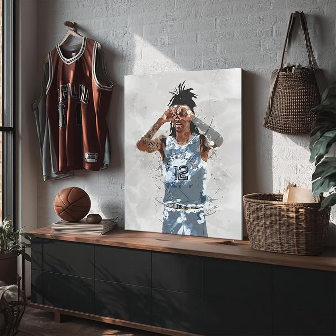 Ja Morant Basketball Canvas Wall Art, Sports Player Poster, 12x16 Inch | Abstract splash ink athletic artwork, motivational sports wall decor for teen boys room, bedroom, living room, gym or office