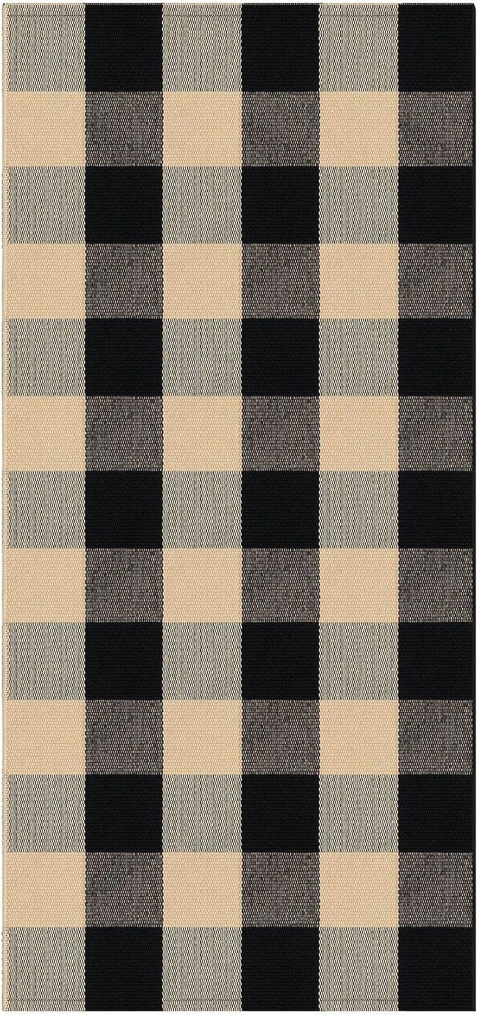 KOZYFLY Buffalo Plaid Area Rugs 2x4.3 Ft Brown and Black Rug Front Door Mat | Washable Front Door Rug, Woven Cotton Indoor Outdoor Rug, Front Porch Kitchen Entryway Patio Farmhouse Checkered Doormat