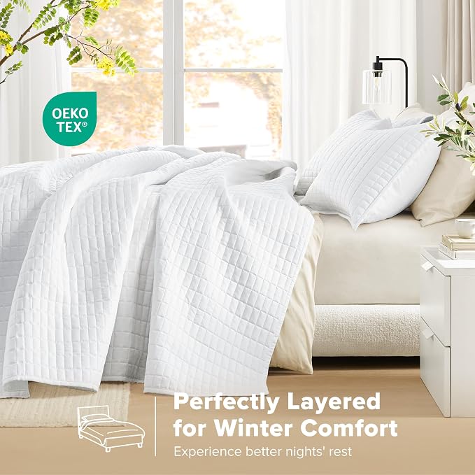 Comfort Spaces Oversized Bedspread Queen Quilt Set 3 Piece 102x 118 White | Coverlet for Summer Soft Cozy Lightweight All Season Quilted Extra Layer with Matching Sham, Bedroom Decor OEKO-TEX Certified