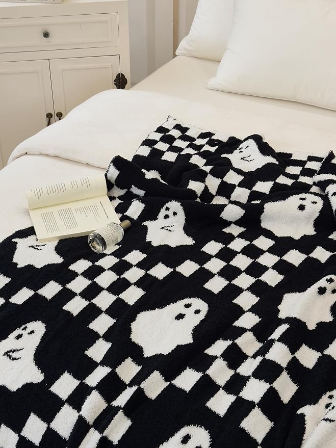 Ultra Soft Cozy Checkered Ghost Halloween Knitted Baby Blanket Fluffy Microfiber Checkerboard Bed Blanket Lightweight Both Sides t for Couch Sofa Bed 30"X40"Black