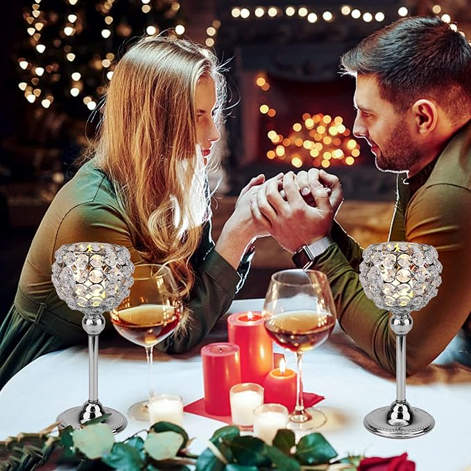 Silver Crystal Candle Holders Set of 2 Candelabra Dining Table Centerpiece Table Decorations for Dining Room Living Room Coffee Dinner Table Decor Wedding Christmas (Silver, 2pcs 12")