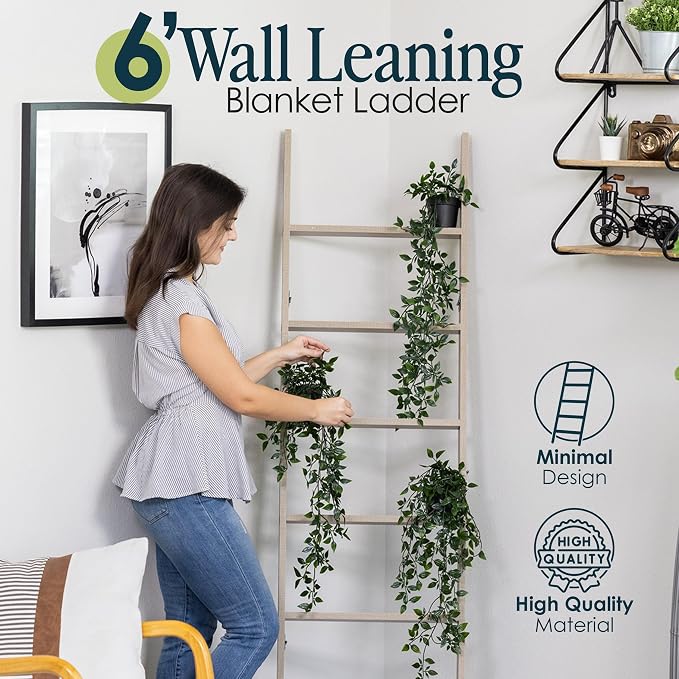 Blanket Ladder for the Living Room and Bedroom, Quilt Rack, Smokey Oak | 5ft 8 inch, 6-Tier Wall Leaning Blanket Holder, Laminate Snag Free, Rustic Decorative Farmhouse Ladder Shelf for Blankets