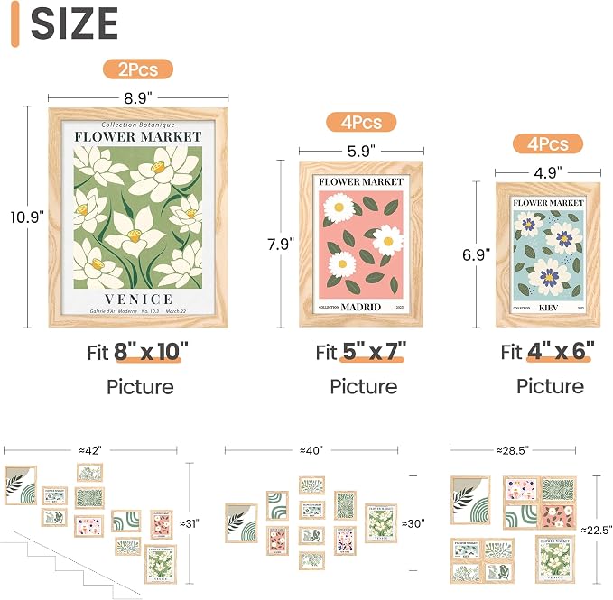 upsimples Picture Frames Set of 10, Including 8x10, 5x7, 4x6 Natural Frame | Multi Picture Frames Collage Wall Decor, Gallery Wall Frame Set, Gift For Christmas, Mothers' day, Wedding, Dorm, Living Room