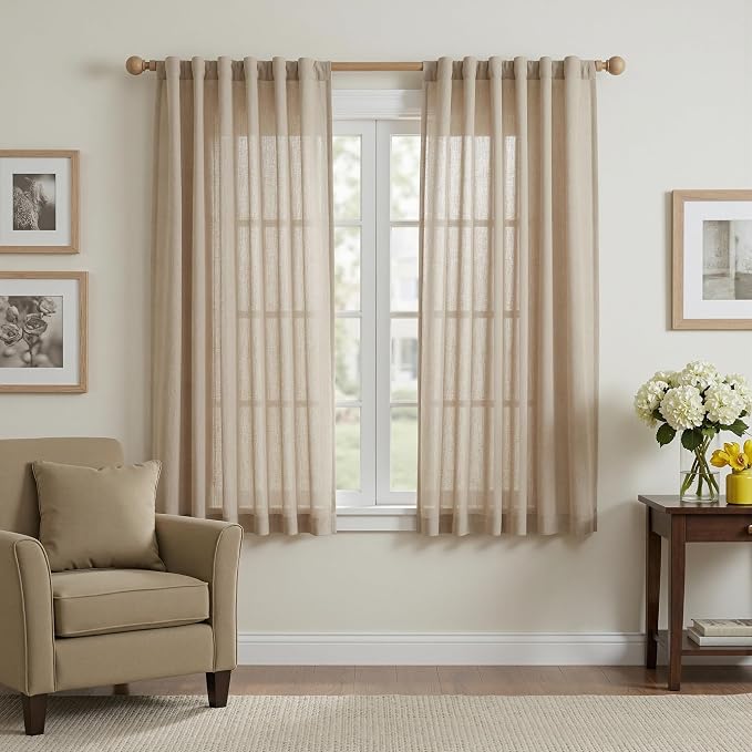 MYSKY HOME Taupe Sheer Curtains 63 inch Length Semi Sheer Curtains for Bedroom Light Filtering Short Window Treatment Privacy Protect Boho Farmhouse Soft Drapes Set, Back Tab, 50" Wide, 2 Pieces