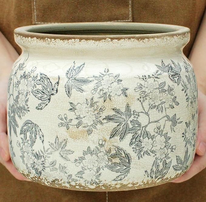 Farmhouse Ceramic Plant Pots with Decorative Saucer, Gifts for Plant Lovers | 7.7" Large Grey Flower Pot for Indoor Plants, Handmade Rustic Ice Crackle Planter, Vintage Antique Home Decor, Gardening Gift
