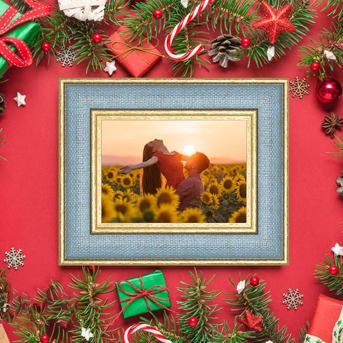 5x7 Picture Frame - Sky Blue Fabric & Vintage Gold Border HD Real Glass with Easel for Tabletop/Wall (Family Photos, Coastal Decor 1 Pack)
