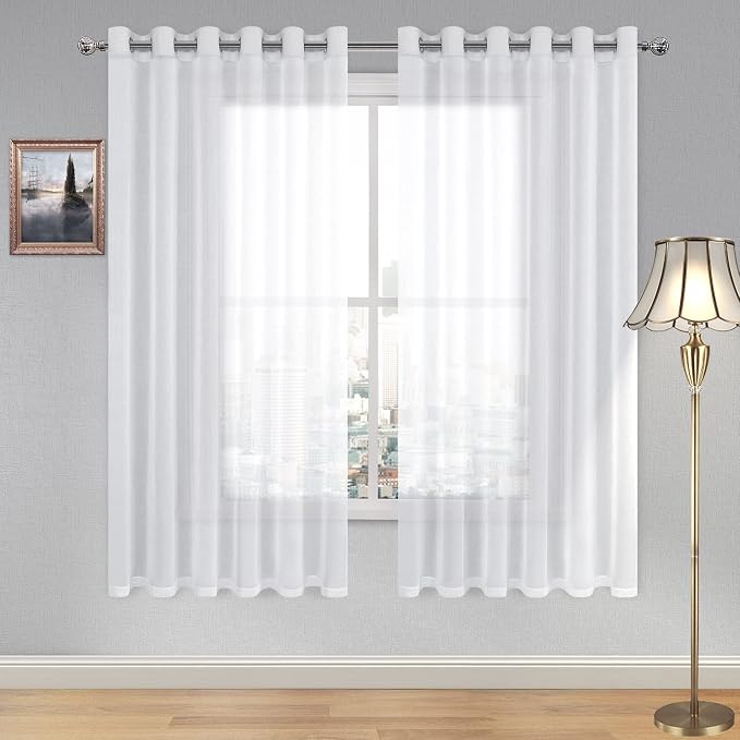 DWCN White Faux Linen Sheer Curtains - Grommet Top Voile Look Solid Semi Window Sheer Curtains Drapes for Bedroom Living Room 72 Inches Long, 70 x 72 inch Length, Set of 2 Panels