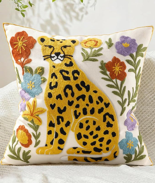 Embroidered Throw Pillow Cover 18x18 Inch - Summer Boho Decorative Animal Pillow Covers with Zipper for Couch Sofa Bedroom Living Room Farmhouse Cushion Pillowcase, Leopard Floral