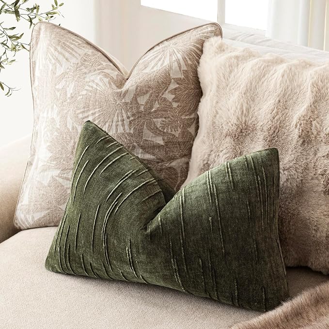 Foindtower Pack of 2 Slubby Textured Chenille Throw Decorative Pillow Covers Lumbar Accent Solid Cushion Cover Neutral Farmhouse Pillow Case for Couch Bedroom Living Room 12x20 Inch,Dark Olive Green