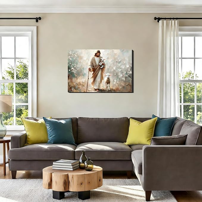 RIBNTAK Jesus and Sheep Christian Wall Art 16x24, Cozy Religion Canvas Prints Picture Posters for Bedroom Wall Decor Artwork Painting for Living Room,Bathroom, Office Classic Home Decor