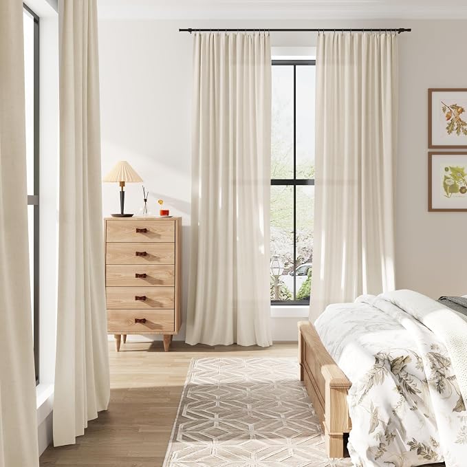 Birch Beige Linen Curtains 102 Inches Long Rod Pocket Semi Sheer Dining Room Cozy Bedroom Decor Cotton Look Country Rustic Farmhouse Boho Curtains 2 Panel Set,52x102