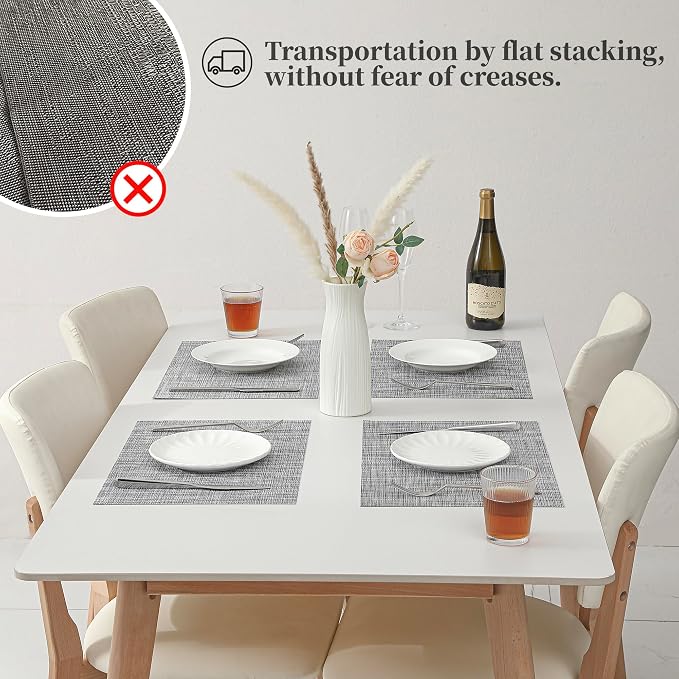 Leetaltree Linen Grey Placemats Set of 8 - Heat Resistant Non-Slip Place mats for Dining Table, Washable Durable PVC Vinyl Woven Table Mats（Linen Grey, 8）