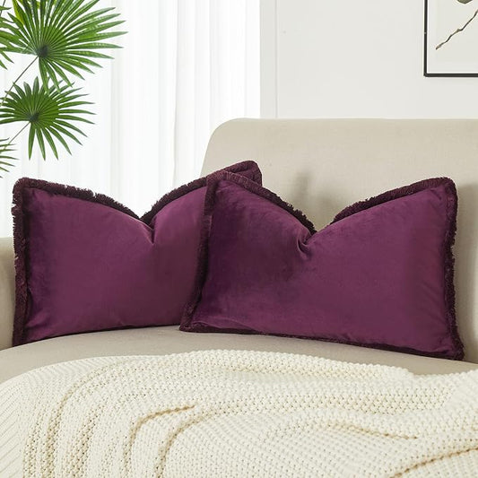JUSPURBET Eggplant Decorative Velvet Fringe Throw Pillow Covers 16x24 Set of 2 Boho Soft Cushion Case for Home Decor Living Room Couch Sofa Bed