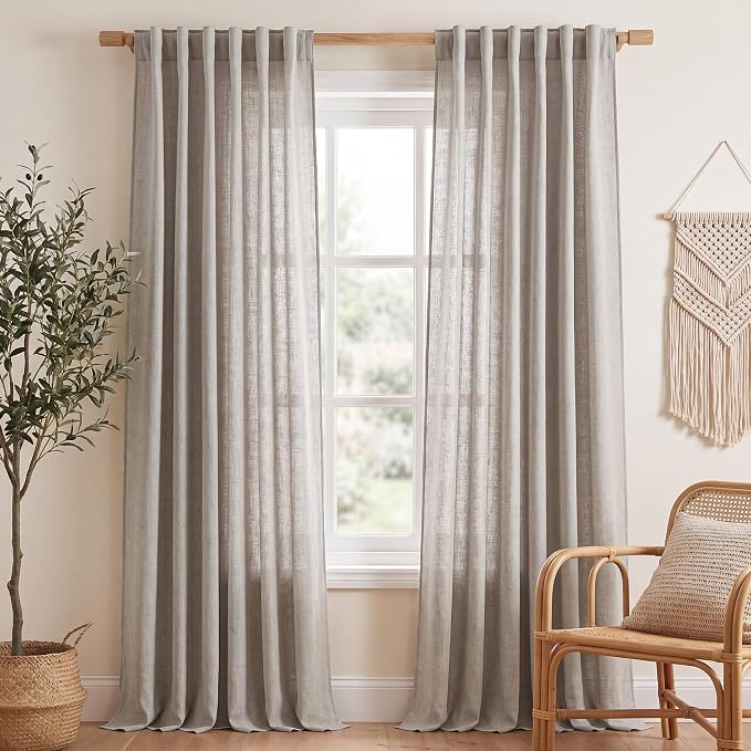 NICETOWN Birch Linen Semi Sheer Curtains 96 inches Long, Rod Pocket & Back Tab Linen Blend Semi Sheer Privacy with Light Filtering for Farmhouse/Living Room, W52 x L96, 2 Panels