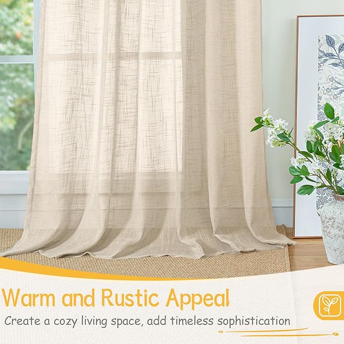 YoungsTex 95 Inch Length Linen Curtains for Living Room - Light Filtering Natural Drapes Semi Sheer with Rod Pocket Back Tab Privacy for Bedroom Windows, Oatmeal, 2 Panels, 52 X 95 Inch