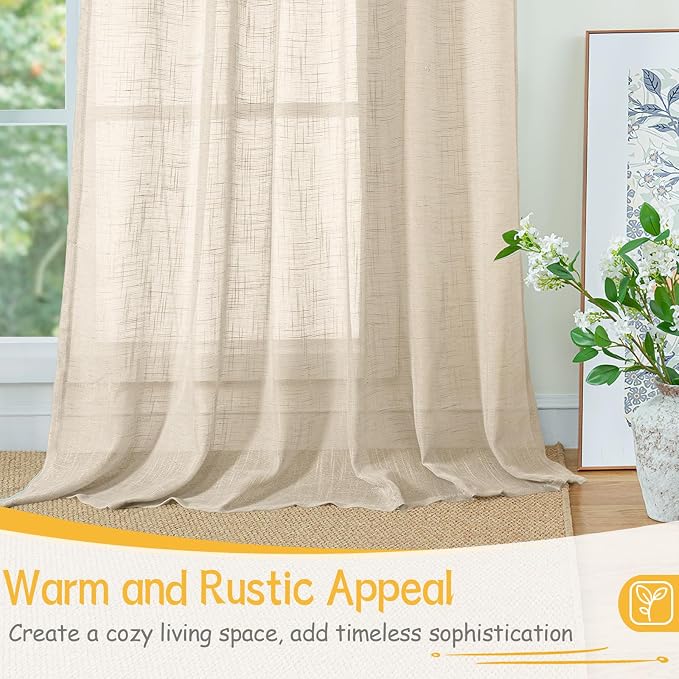 YoungsTex Oatmeal Linen Curtains 45 Inch Length - Short Light Filtering Drapes Semi Sheer with Rod Pocket Back Tab Privacy for Kitchen Living Room Windows, 2 Panels, 42 X 45 Inch