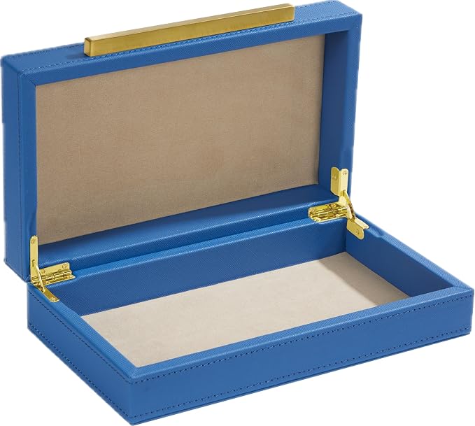 Blue Small Decorative Box with Brushed Gold handle, Faux Leather Keepsake and Memory Box, Home Storage Box with Lid for Modern Home, Jewelry Organizer Box (Blue-Gold, 1pack)