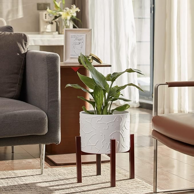 LA JOLIE MUSE Ceramic Pot for Plants, 10 Inch Indoor Planter with Stand | Decorative Plant Pot with Wood Stand and Drainage Hole, Flower Pots for Indoor Plants, Living room, Bedroom, Home Decor