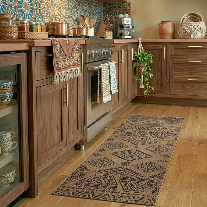 jinchan 2x5 Faux Jute Runner Rug Washable Boho Hallway Rug Natural Charcoal | Southwestern Geometric, Non-Slip Low Pile, Indoor Outdoor, High-Traffic, Kitchen, Bathroom, Laundry, Porch, Balcony, Entryway