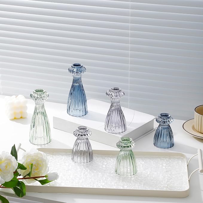 Lysenn Glass Candlestick Holders, Taper Candle Holders Set of 3, Green