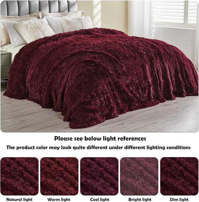 GONAAP Fuzzy Faux Fur Twin Blanket for Couch, Wine Red, 60"x80" | Warm Cozy Plush Shaggy Decorative Reversible Thick Non-Heated Fleece Blanket for Sofa Bed, Gift for Women Men, All Season Use