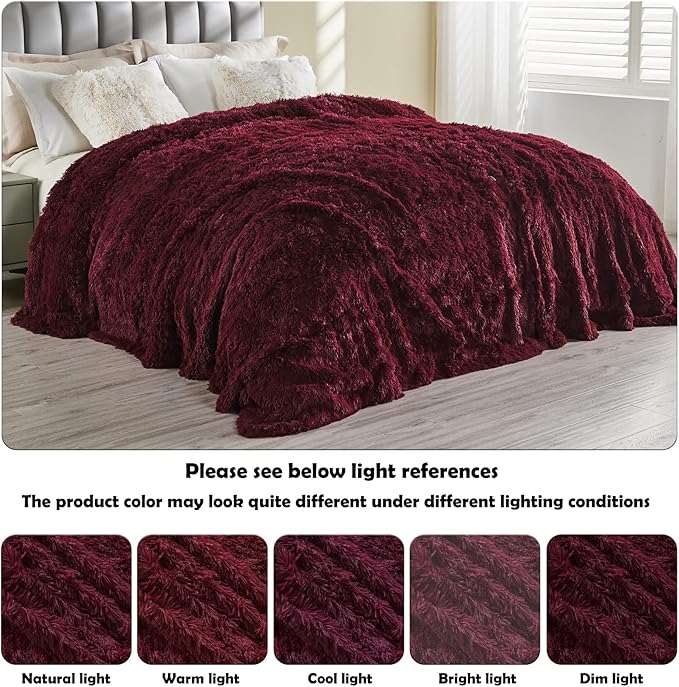 GONAAP Fuzzy Faux Fur Queen Blanket for Couch, Wine Red, 90"x90" | Warm Cozy Plush Shaggy Decorative Reversible Thick Non-Heated Fleece Blanket for Sofa Bed, Gift for Women Men, All Season Use