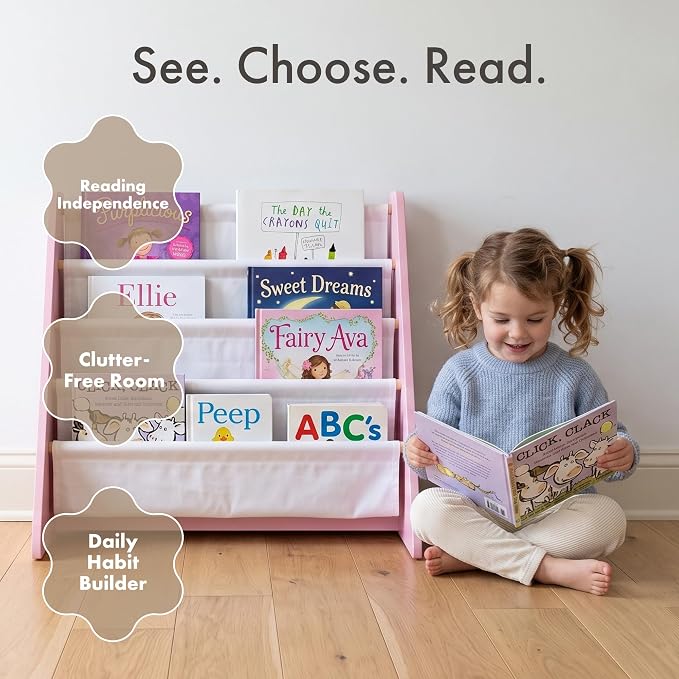 Humble Crew Kids Bookshelf, Montessori Front Facing Toddler Bookcase 4 Tier | Book display rack and reading nook organizer, nylon pockets show covers face out, compact for any playroom or bedroom space