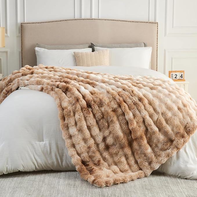 NEWCOSPLAY Faux Fur Bubble Twin Blanket for Couch, Tie-Dye Beige, 60"x80" | Fluffy Soft Thick Warm Bubble Blanket for Couch Sofa Bed 700GSM, Plush Cozy Luxury Decorative Throw, Gift for Women Men
