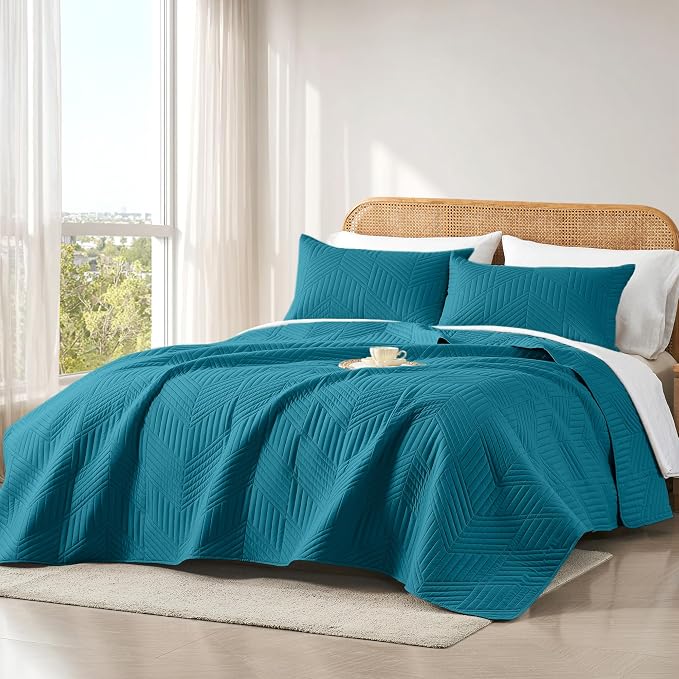 Davulos Twin Quilt Set,Teal Lightweight Reversible Bedspread for All Seasons,Soft Modern Microfiber Geometric Coverlet for Dorm Room or Guest Bedroom(1 Quilt,1 Pillow Sham)