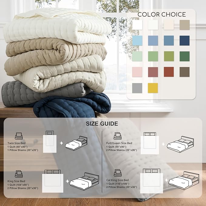 WDCOZY King Size Quilt Bedding Sets with 2 Pillow Shams, Ivory Lightweight Soft Bedspread Coverlet, Quilted Blanket Thin Comforter Bed Cover for All Season, 3 Pieces, 104x90 inches