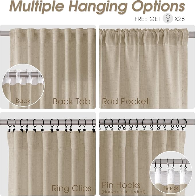 Linen Curtains 96 Inches Long for Living Room Back Tab Semi Sheer Floor to Ceiling 8ft Light Filtering Curtain Boho Farmhouse Decor Window Drapes for Bedroom 52x96 2 Panels Taupe Burlywood