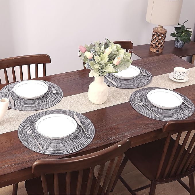 SHACOS Round Braided Placemats Set of 6 Round Table Mats 15 inch Cotton Washable for Holiday Party (Black Gray, 6)