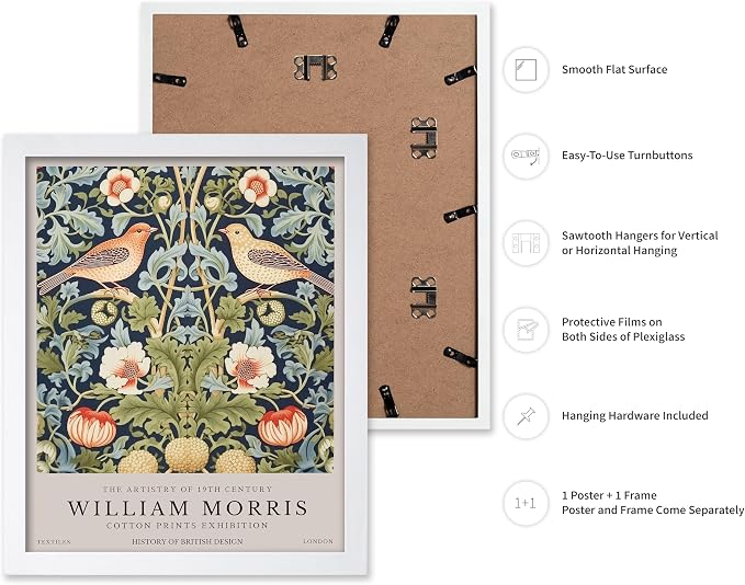 Poster Master William Morris Poster - Strawberry Thief Print - Bird Art - Botanical Design - Flower Art - Exhibition Display - Animal Illustration - Floral Design - Office or Bedroom Wall Decor - 8x10 White Framed
